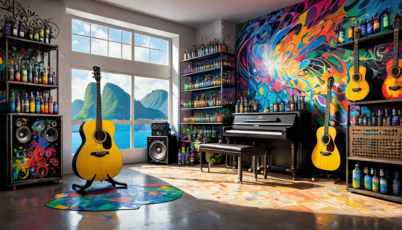 Masterpiece; Guitars and drums in a small science lab(((several science bottles around the room))); (guitars and musical keyboards inside science bottles) World map on the wall. sciencie complete with speakers and glass flasks of chemistry, embody the resilience and tenacity of the scientific community, infused with a bold graphic allure that enlivens the spirit of science. The design penetrates layers of depth, integrating the raw essence and vibrant cores of Rio de Janeiro culture. Brushstrokes that incorporate the fluid energy of graffiti on guitars and acoustic guitars weave around dynamic geometric shapes, adorning the laboratories with an evocative masterpiece that speaks to the heart of the intersection between two diverse worlds. Majestically rendered in high definition and vibrant color, every detail bursts with life, inviting viewers to marvel at the beauty that; by Monet
