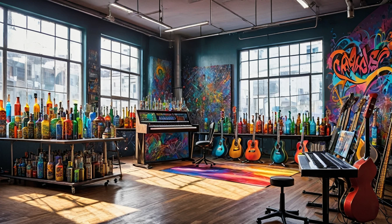 Masterpiece; Guitars and drums in a small science lab(((several science bottles around the room))); (guitars and musical keyboards inside science bottles) World map on the wall. sciencie complete with speakers and glass flasks of chemistry, embody the resilience and tenacity of the scientific community, infused with a bold graphic allure that enlivens the spirit of science. The design penetrates layers of depth, integrating the raw essence and vibrant cores of Rio de Janeiro culture. Brushstrokes that incorporate the fluid energy of graffiti on guitars and acoustic guitars weave around dynamic geometric shapes, adorning the laboratories with an evocative masterpiece that speaks to the heart of the intersection between two diverse worlds. Majestically rendered in high definition and vibrant color, every detail bursts with life, inviting viewers to marvel at the beauty that; by Monet