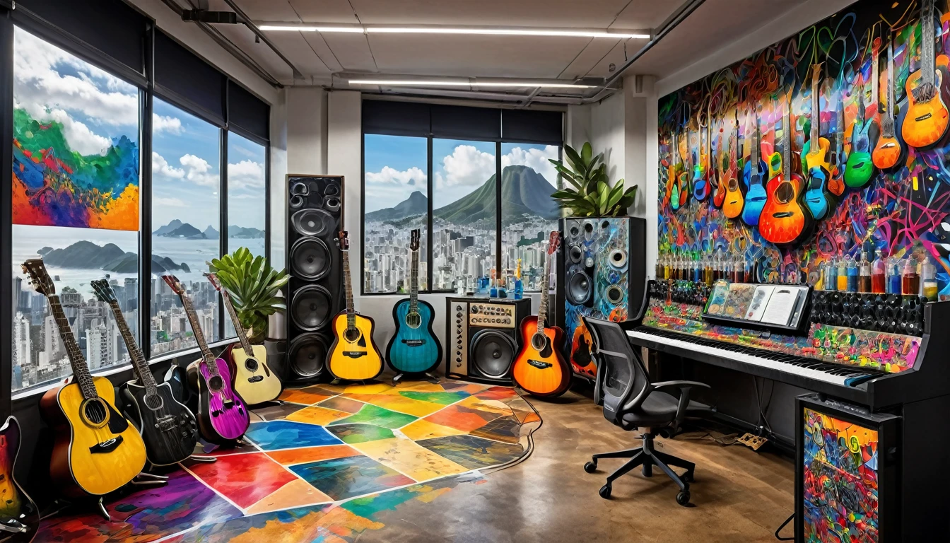 Masterpiece; Guitars and drums in a small science lab(((several science bottles around the room))); (guitars and musical keyboards inside science bottles) World map on the wall. sciencie complete with speakers and glass flasks of chemistry, embody the resilience and tenacity of the scientific community, infused with a bold graphic allure that enlivens the spirit of science. The design penetrates layers of depth, integrating the raw essence and vibrant cores of Rio de Janeiro culture. Brushstrokes that incorporate the fluid energy of graffiti on guitars and acoustic guitars weave around dynamic geometric shapes, adorning the laboratories with an evocative masterpiece that speaks to the heart of the intersection between two diverse worlds. Majestically rendered in high definition and vibrant color, every detail bursts with life, inviting viewers to marvel at the beauty that; by Monet