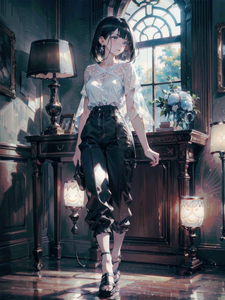 absurdres, RAW photo, extremely delicate and beautiful, masterpiece, Best Quality, ultra high resolution, 32k, hyperrealistic, ultra-detailed, in her 20s, delicate facial features, beautiful detailed girl, tearful mole, earring, medium breasts, full body shot, shorter middle hair, black hair, Joggers, Shorts,