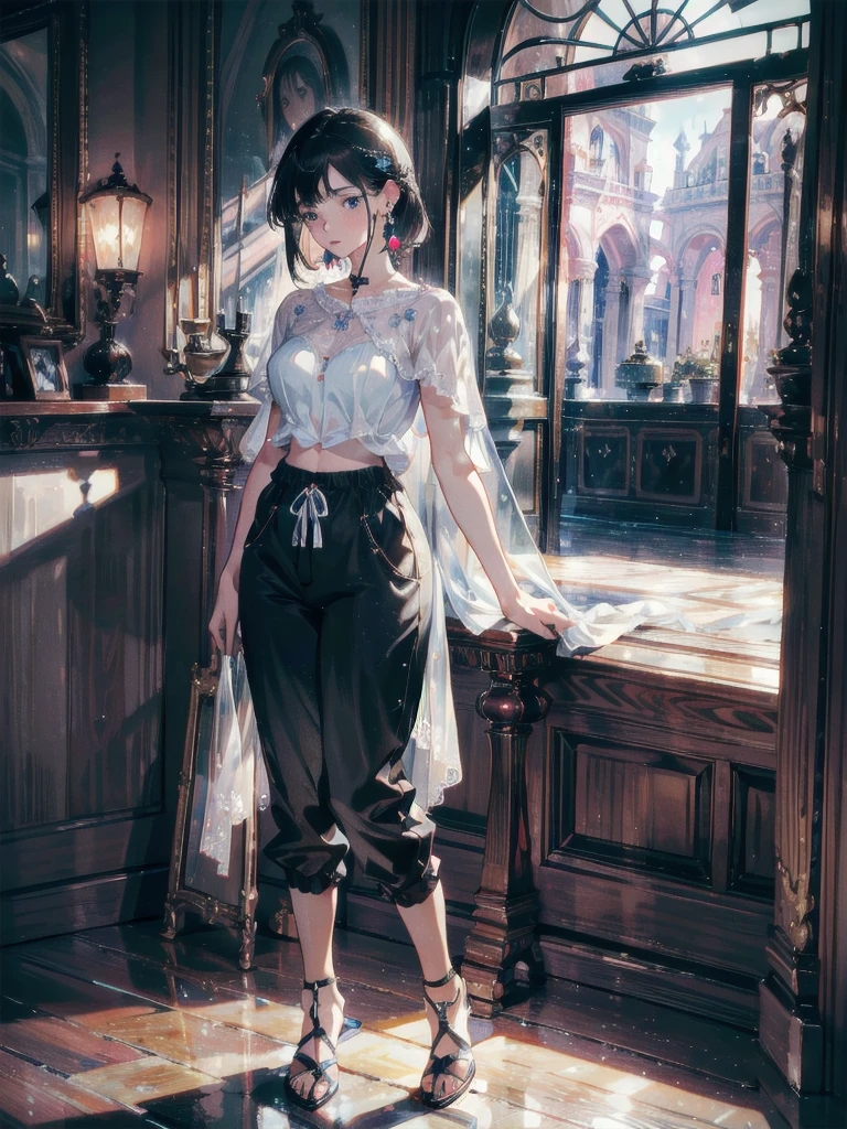 absurdres, RAW photo, extremely delicate and beautiful, masterpiece, Best Quality, ultra high resolution, 32k, hyperrealistic, ultra-detailed, in her 20s, delicate facial features, beautiful detailed girl, tearful mole, earring, medium breasts, full body shot, shorter middle hair, black hair, Joggers, Shorts,