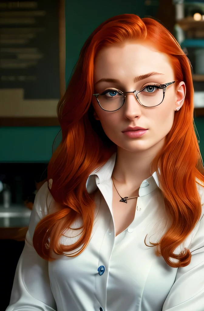 Photo of Sophie Turner, real, Beautiful actress, (ginger hair), ((Portrait)), ((Detailed face:1.2)), ((detailed facial features)), finely detailed skin, bright green eyes, futuristic lab environment, Sitting on a chair, She is wearing cat-eye glasses, a thight blouse with some open buttons that reveal her cleavage under a white a labcoat, Warm color, cozy, Natural light, No reflectors, ((Candid shot)), (( Photographed in a realistic style), (High definition), Wallpaper quality, (Emotive and intimate lighting).