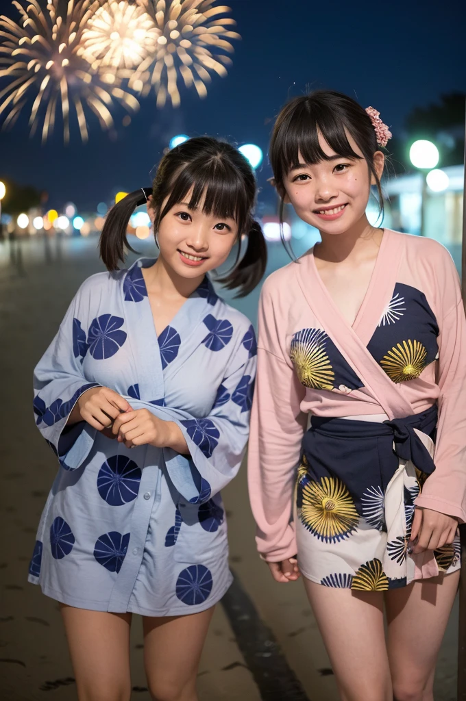 2 girls in beach near school at night,long-sleeved yukata,fireworks,18-year-old,bangs,a little smile,thighs,knees,short hair with low pigtails bunches,from below,front light