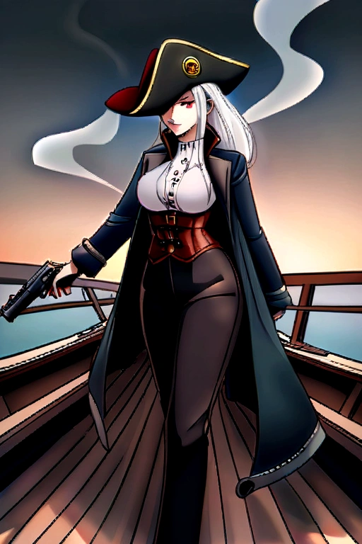 smoking girl, pirate girl, she smokes a cigar, she's old, silver hair, large breast, normal hips, red eye, she's wearing a hat, she's wearing a long jacket, she's wearing a corset, she's wearing pants, she has a gun, she shots with her gun, she's in movement, ambient smoke, more smoke, she's on a boat