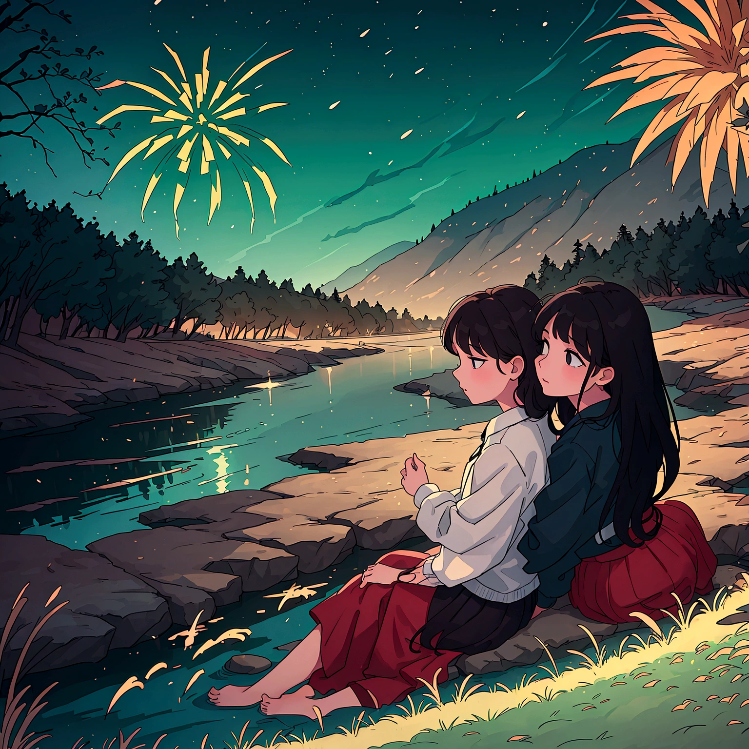 people sitting by a river bed with grass watching fireworks go off in the night as the fireworks reflect in the river