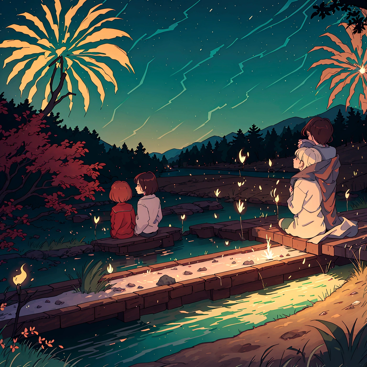 people sitting by a river bed with grass watching fireworks go off in the night as the fireworks reflect in the river