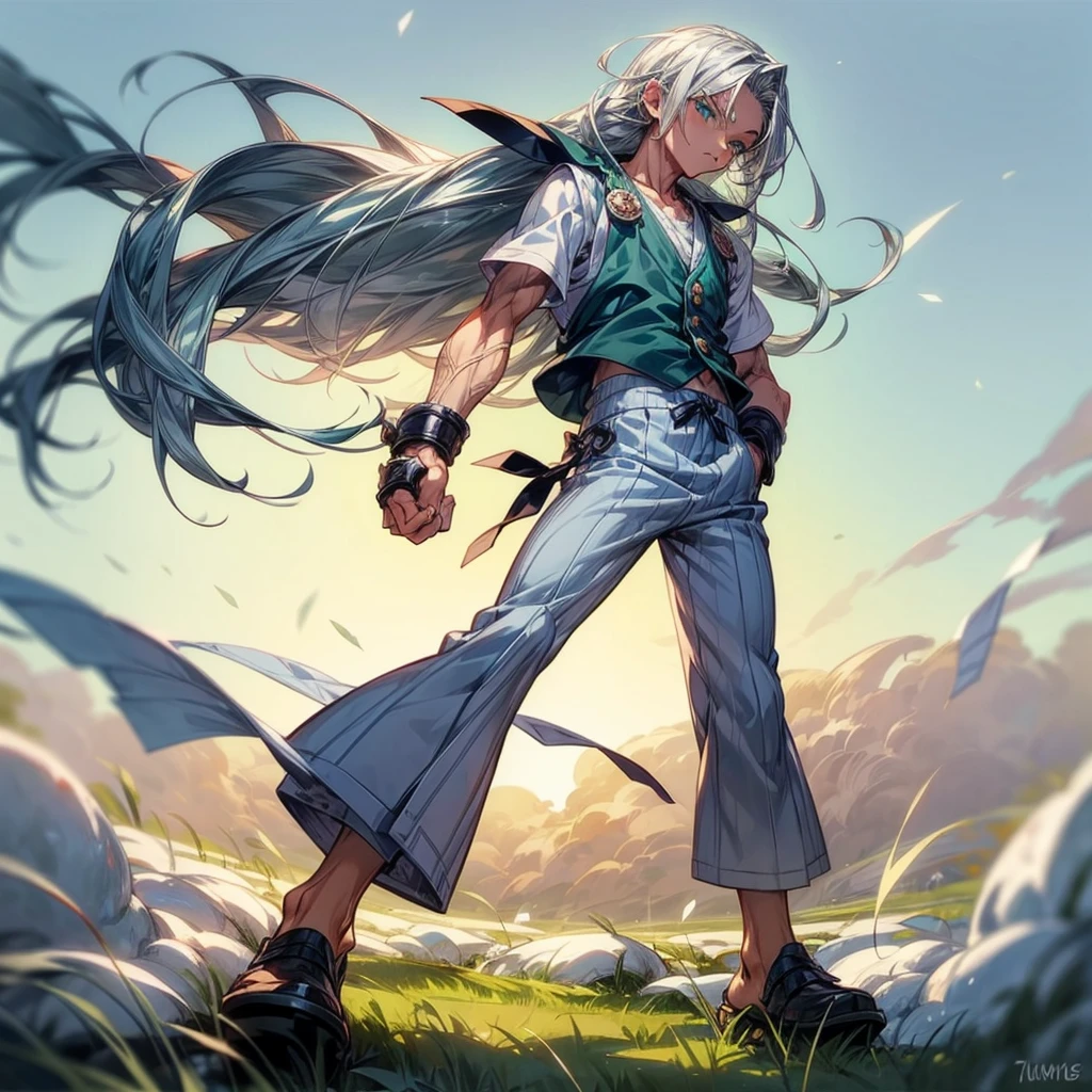 1litttle boy, Full body version, 1character, green eyes color, milk skin, long hairstyle, silver colour hair, muscle, pajama vest clothing, pegged pants, bare knuckle in two hand, Grassroots background in field snow, motion blur, (one piece style artist)