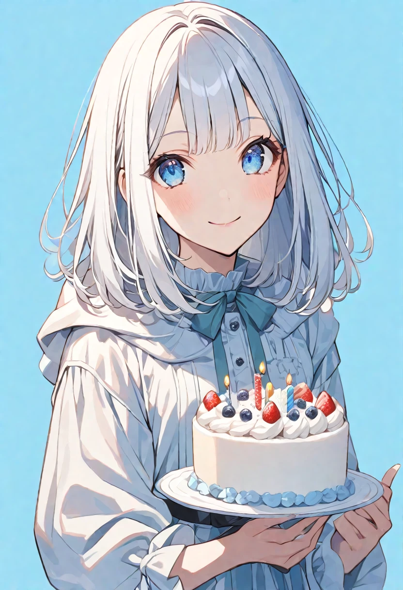 solo,handsome,
1. Female,
,Straight Hair,Bob Hair, Bob,
White hair,
Nakano ichika,
blue eyes,Soft look,beautiful,beautiful,Lolita,
casual dress ,hoodie ,smile,skin,
birthday cake ,
simple background ,
Blue background,