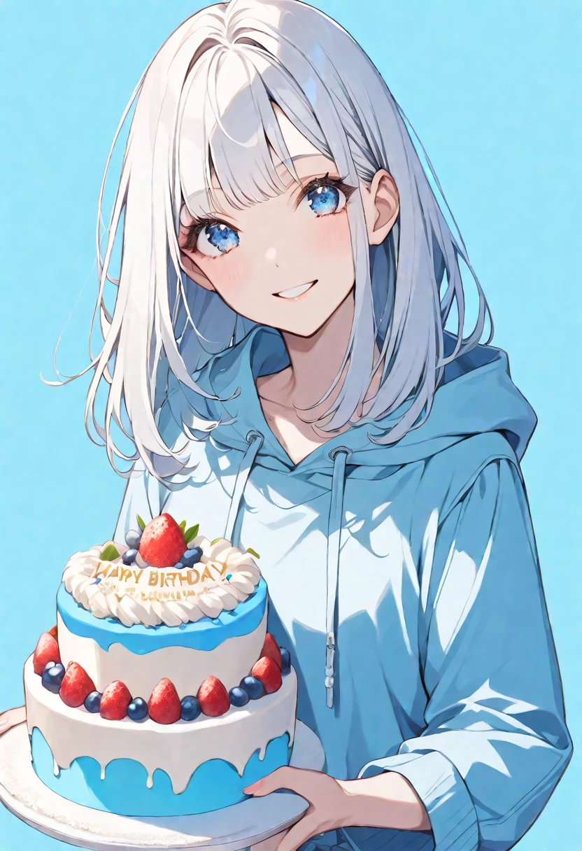 solo,handsome, 
1. Female,
,Straight Hair,Bob Hair, Bob,
White hair, 
 Nakano ichika,
blue eyes,Soft look,beautiful,beautiful,Lolita,
casual dress ,hoodie ,smile,skin,
birthday cake ,
simple background ,
Blue background,