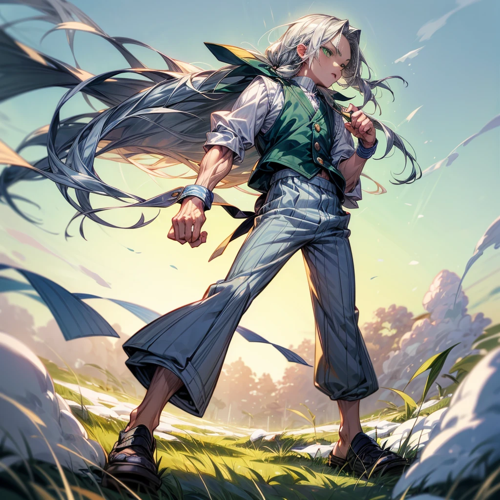 1litttle boy, Full body version, 1character, green eyes color, milk skin, long hairstyle, silver colour hair, muscle, pajama vest clothing, pegged pants, bare knuckle in two hand, Grassroots background in field snow, motion blur, (one piece style artist)