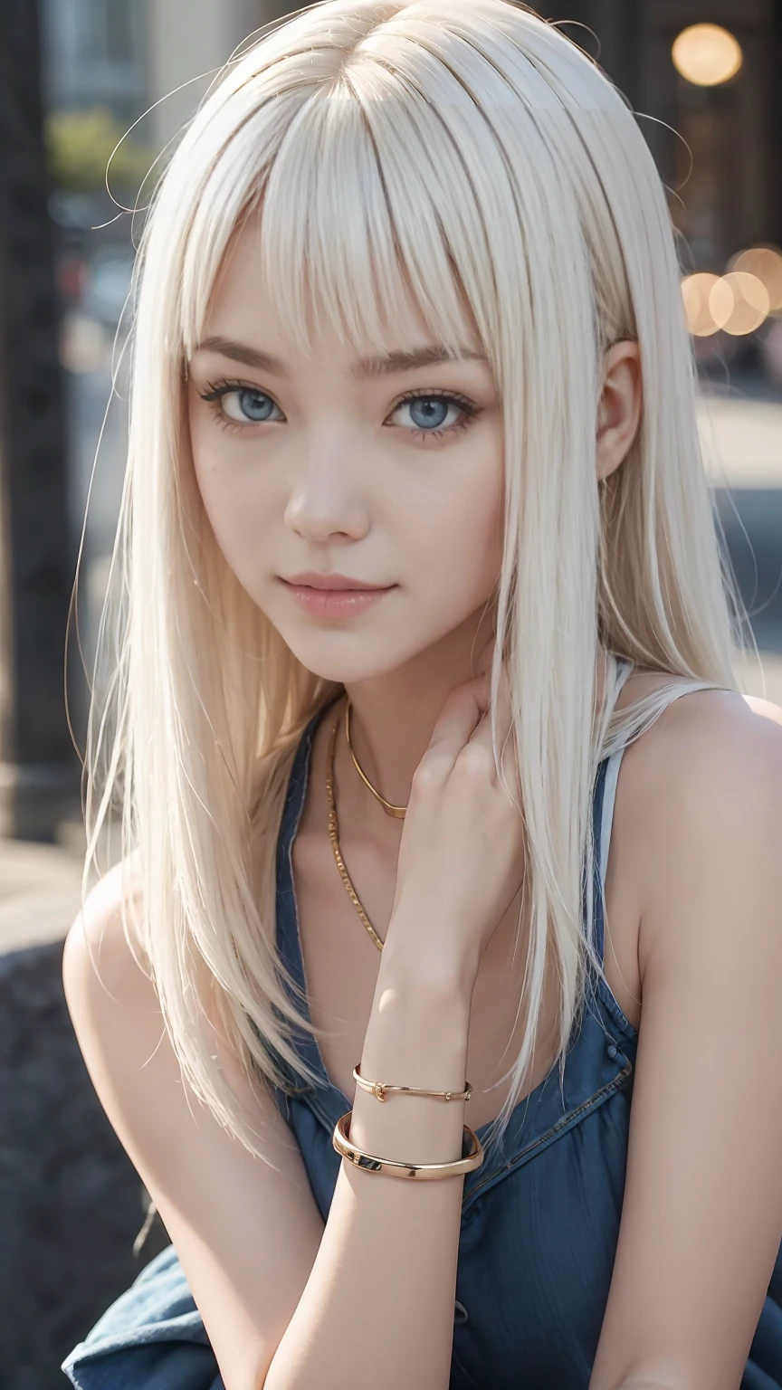 22 year old white woman、Hair color is platinum blonde、Blue eyes、wide、Straight hair、accessories on the wrist、I'I'm wearing a choker、the skin is soft、SMILE、Slim but muscular body.、my heart is beating、SMILE、wearing a skater dress、wearing red heels、I'I'm sitting on a stone staircase in the city.