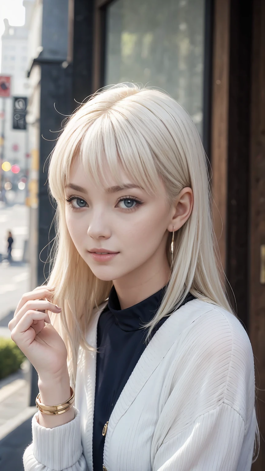 22 year old white woman、Hair color is platinum blonde、Blue eyes、wide、Straight hair、accessories on the wrist、I&#39;I&#39;m wearing a choker、the skin is soft、SMILE、Slim but muscular body.、my heart is beating、SMILE、wearing a skater dress、wearing red heels、I&#39;I&#39;m sitting on a stone staircase in the city.