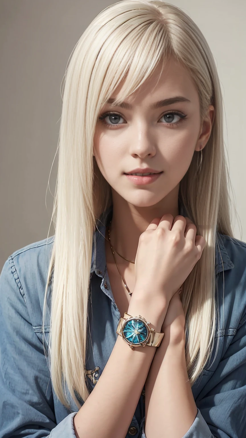 22 year old white woman、Hair color is platinum blonde、Blue eyes、wide、Straight hair、accessories on the wrist、I&#39;I&#39;m wearing a choker、the skin is soft、SMILE、Slim but muscular body.、my heart is beating、SMILE、wearing a skater dress、wearing red heels、I&#39;I&#39;m sitting on a stone staircase in the city.