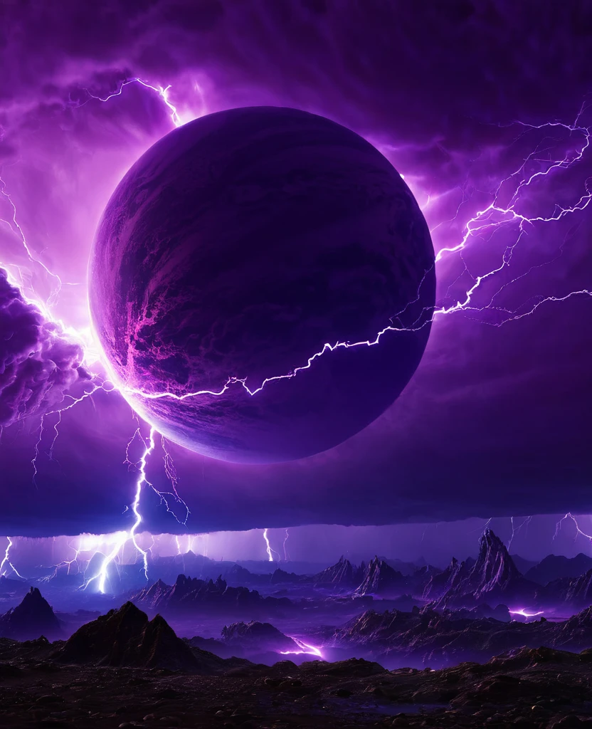 Purple exoplanet planet inside, thunderstorm, purple lighting storm,