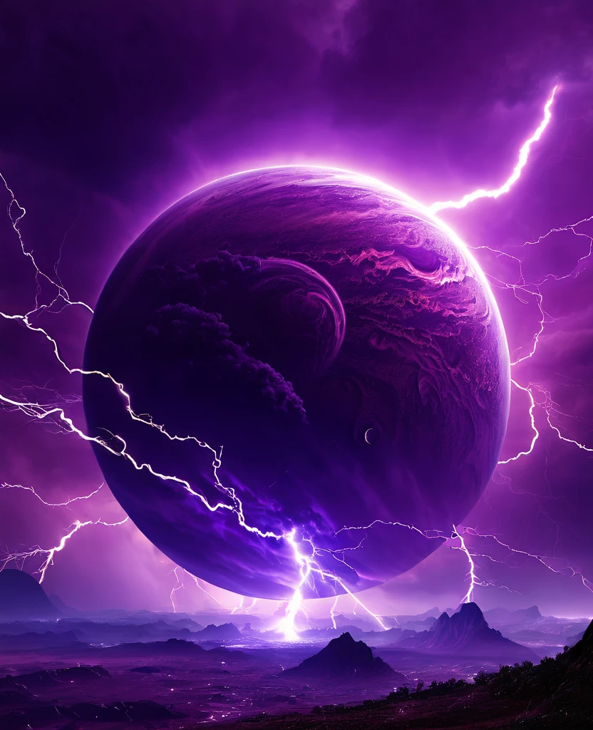 Purple exoplanet planet inside, thunderstorm, purple lighting storm,