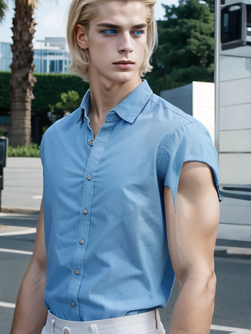 A video game character with an urban style and a realistic side touch, He has straight blonde hair, light blue eyes and white skin. His build is slim but toned.. He wears a half-buttoned button-down shirt and jeans., reflecting modern and urban vibes similar to the song "Do not let me go" de Rauw Alejandro.