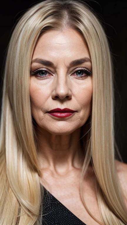 65 year old woman with long dyed blonde hair, with dark brown spots near the roots with dark red lipstick and a black line around her eyes.
