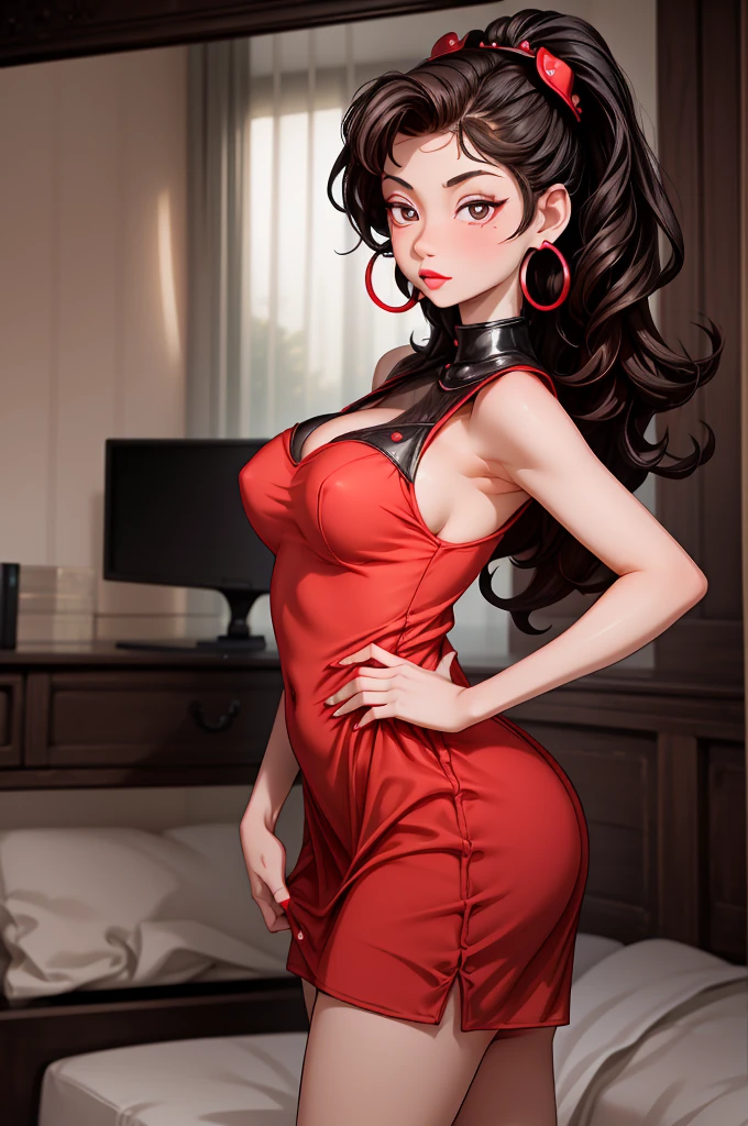 (8K HDR photorealistic pic), Betty Boop, short, althetic, curvy lady, ((tight little red dress)), dark eyebrows, black lipstick, (hoop earrings), dark eyeshadow, black lipstick, curvy, busty, (curly short black hair), shortstack, (retroussé breasts), darling figure, (supple pouting breasts), firm thighs, hourglass figure, kerchief, big brown eyes, dancing seductively