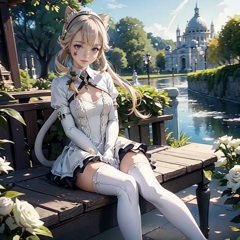 1girl, white maid dress, jewelry, blonde hair, flowing hair, long hair, white roses, firefly, oriental architecture, maid dress with a short skirt and layers, white laces, white boots, white dress with transparency, gold details on her clothes, cat ears, animal ears, outside, outdoor, seat on the water, meteor falling in the sky, white roses, grass flowers, more details, perfectly body, perfectly hands, two hands, two legs, two arms, five fingers, solo, alone, glowing hair, best quality, cat ears, animal ears, tail ornament, tail bow, white gloves, two cat tail, white gloves, alone, maid headdress, choker, garden scenery, detached sleeves, maid dress, maid white dress, strapless, masterpiece, best quality, detailed face, night, asymmetrical gloves, bangs, white short skirt , white gloves, white boots, earrings, elbow gloves, fishnet thigh highs, fish masterpiece, solo, best quality, detailed face, gloves, hair between eyes, jewelry, long hair, looking at viewer, single earring, sky, sleeveless, solo, thigh boots, thighhighs, uneven gloves, sitting, cat ears, animal ears, cat tail, holding a ice cream