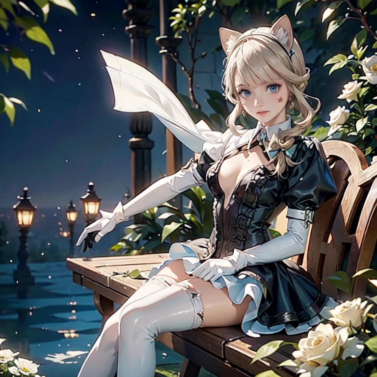 1girl, white maid dress, jewelry, blonde hair, flowing hair, long hair, white roses, firefly, oriental architecture, maid dress with a short skirt and layers, white laces, white boots, white dress with transparency, gold details on her clothes, cat ears, animal ears, outside, outdoor, seat on the water, meteor falling in the sky, white roses, grass flowers, more details, perfectly body, perfectly hands, two hands, two legs, two arms, five fingers, solo, alone, glowing hair, best quality, cat ears, animal ears, tail ornament, tail bow, white gloves, two cat tail, white gloves, alone, maid headdress, choker, garden scenery, detached sleeves, maid dress, maid white dress, strapless, masterpiece, best quality, detailed face, night, asymmetrical gloves, bangs, white short skirt , white gloves, white boots, earrings, elbow gloves, fishnet thigh highs, fish masterpiece, solo, best quality, detailed face, gloves, hair between eyes, jewelry, long hair, looking at viewer, single earring, sky, sleeveless, solo, thigh boots, thighhighs, uneven gloves, sitting, cat ears, animal ears, cat tail, holding a ice cream