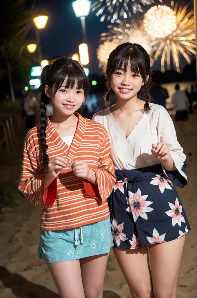 2 girls in beach near school at night,long-sleeved yukata,fireworks,18-year-old,bangs,a little smile,thighs,knees,short hair with low pigtails bunches,from below,front light