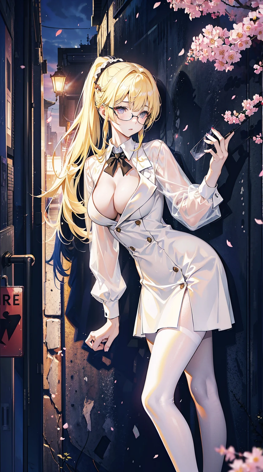 Young and beautiful Kathryn Newton, Glasses, White dress shirt, Very deep neckline, Black Mini Dress, Dark pantyhose, Surreal, , Model figure, Large Breasts, Beautiful breasts, Big Ass, Long hair, Ponytail, Blonde hair, Long legs, 8K, futuristic city, Cherry blossoms, sunrise, LED lighting, Anime style, (((Cleavage))),((Leaning against the wall,Sideways posture))