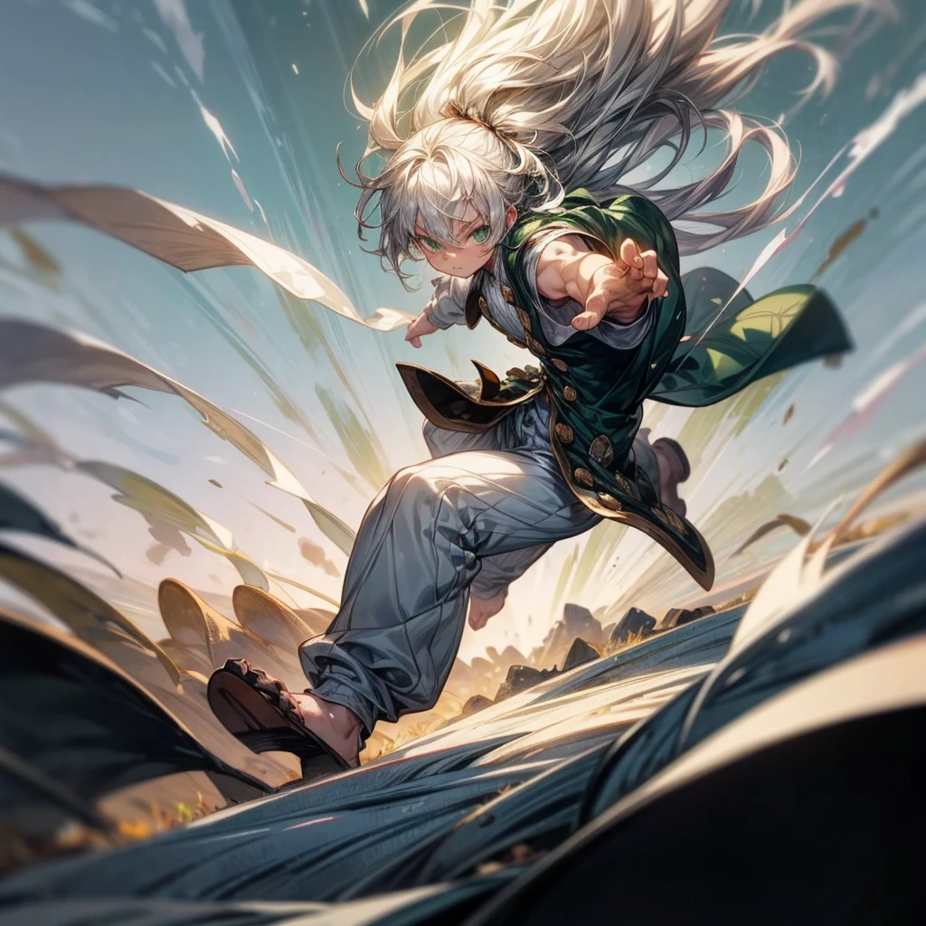 1litttle boy, Full body version, 1character, green eyes color, milk skin, long hairstyle, silver colour hair, muscle, pajama vest clothing, pegged pants, bare knuckle in two hand, Grassroots background in field snow, motion blur, (one piece style artist)