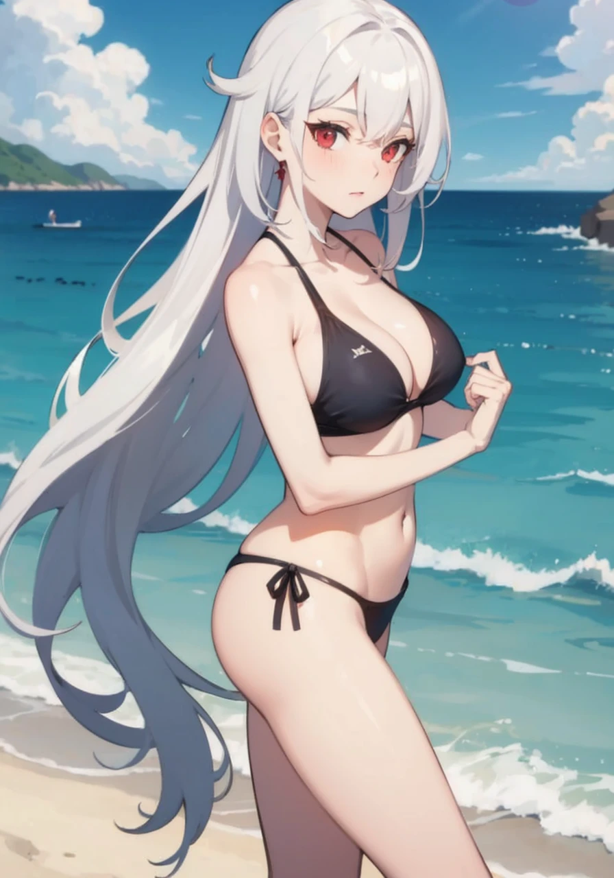 Women, White hair, Red eyes, Swimsuit, playa