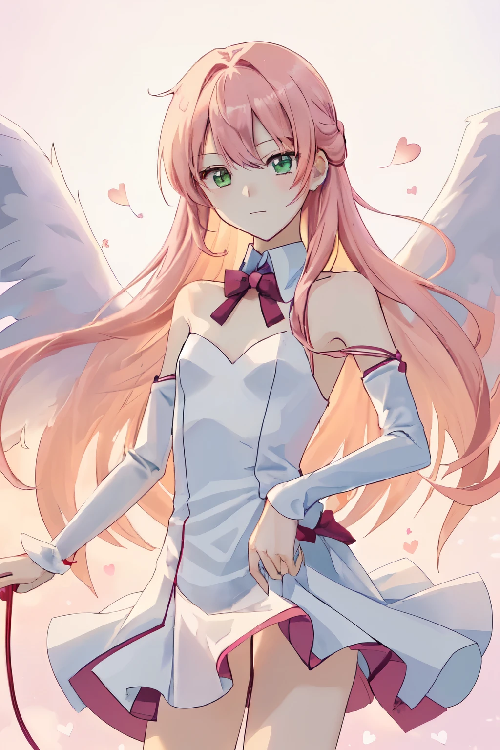 1_girl, (anime, kawai:2), (masterpeice, best_quality, simple, cute, dreamy, vibrant, clean, clear:1.8), (cute, cute_smile, young:1.6), (delicate, beautiful, thin:1.5), (girlfriend, angel:1.8), (green_eyes, simple_eyes:1.3) (long_hair, blond_hair, wearing_pink_dress, pink_angel_wings, gloves:1.8), (combat:1.3),  extremely_delicate, (love:1.5), (love_magic:1.5), (age_size_fits_body), (small_thighs, thin:1.3), (breasts), (eye_level:1.3), (heart_magic, love:1.5), (dancer)