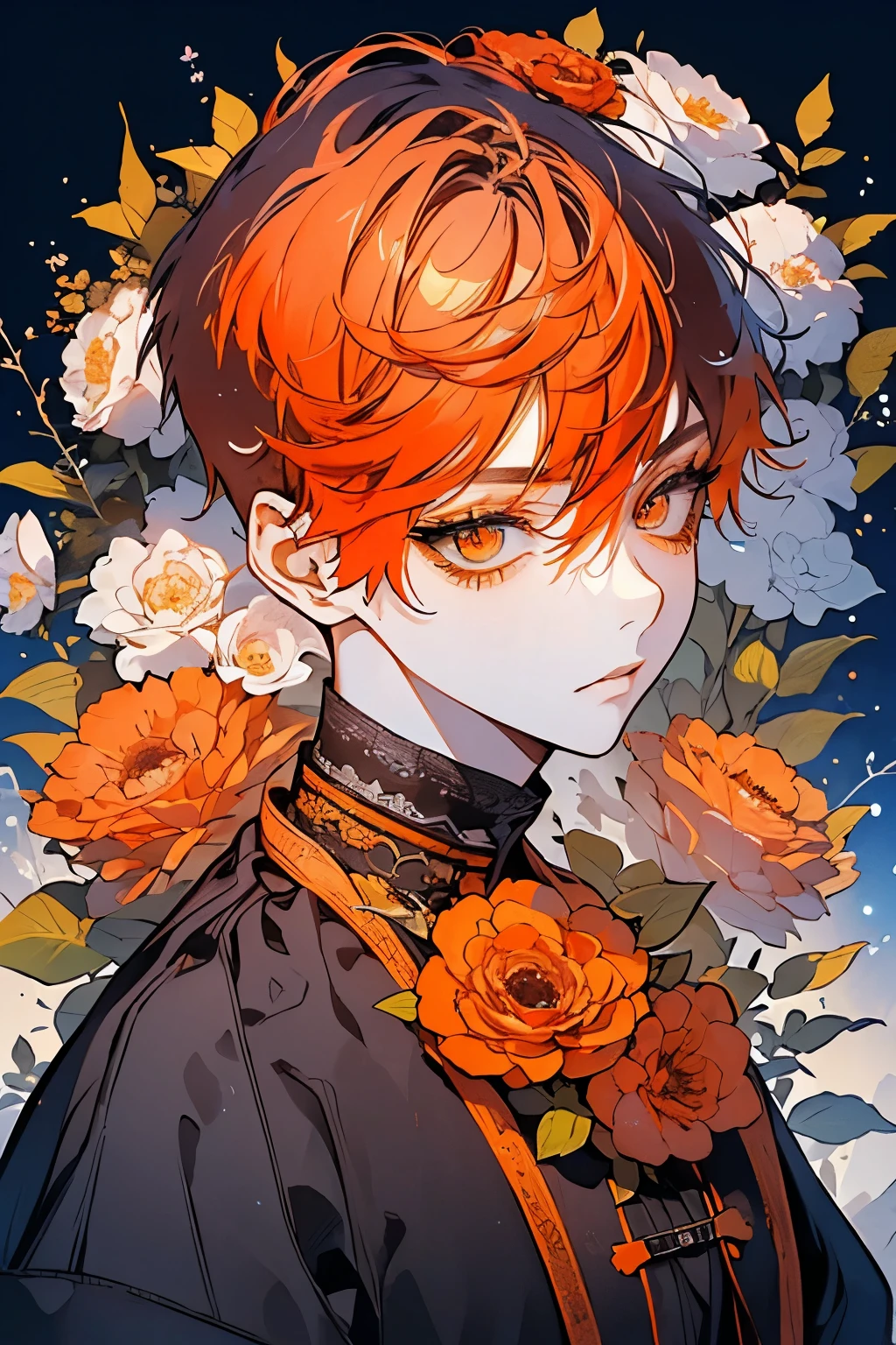 (Mastepiece), (Best Quality), Very detailed, 1 boy, Solo Shooting, Perfect Face, Beautiful Face, Very detailedな顔,(Orange Hair:1.3),(short hair:1.4)、(Big eyes:1.4),(Long eyelashes:1.4)、(Orange Eyes:1.3)、Black clothes、Lots of flowers、petal