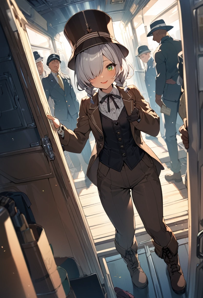 BREAK Perfect ???????、(High resolution:1.2)、Incredible illustrations、(Cute illustrations:1.2)、()(cinematic angle,ceiling,solo focus,)
(Beautiful background(Passage inside the train))
1girl(a (male focus,tom girl), 1.7meters, 45kg,,dark skin:2.5 ,green eyes,silver hair,hair over one eye,long french braid,lipstick:1.2)(light smile)
(tyrolean hat,dark rail road man's coat,Vest jacket with lines,slacks,workman's boots) Conductor checking tickets