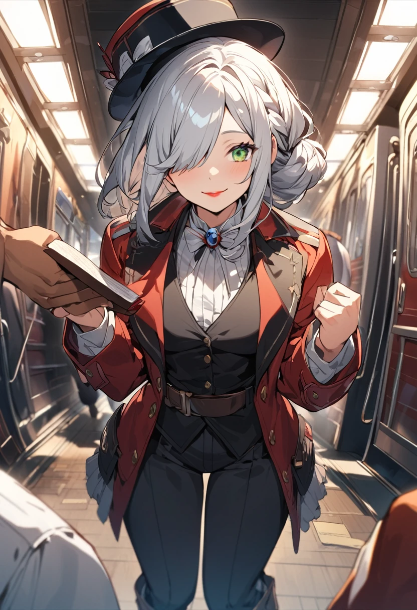 BREAK Perfect ???????、(High resolution:1.2)、Incredible illustrations、(Cute illustrations:1.2)、()(cinematic angle,ceiling,solo focus,)
(Beautiful background(Passage inside the train))
1girl(a (male focus,tom girl), 1.7meters, 45kg,,dark skin:2.5 ,green eyes,silver hair,hair over one eye,long french braid,lipstick:1.2)(light smile)
(tyrolean hat,dark rail road man's coat,Vest jacket with lines,slacks,workman's boots) Conductor checking tickets