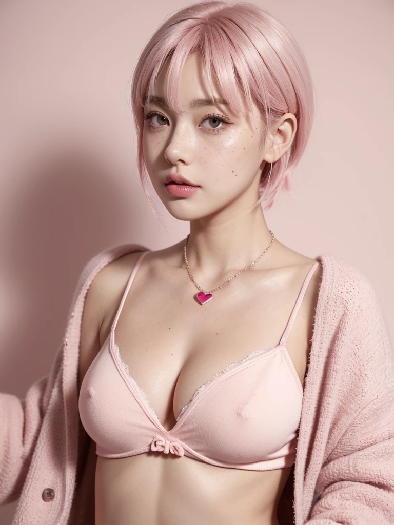 Cute girl short pink hair, with two bows on each side of the hair, all her hair short pink , with a star clip in her pink hair, light colored eyes, pretty eyes, crying eyes, pretty, upturned nose, watery nose, Pretty lips, pink lips, heart and cupid shaped lip, pretty skin, pale, White skin, with moles and freckles all over his face, soft pink blush on the cheeks, natural pink blush, soft pink makeup, Jennie, nice neck, marked collar, frown, tender look, with a kiss necklace, a pretty kiss necklace, similar to Yumeko Jabami, while wearing a Crochet YK2, woolen, with a YK2 style brown mini skirt, while wearing a red jacket with bear prints, while having a bare abdomen, Delgado, marked and pretty, (big breasts, soft breasts, nice breasts), while she is cosplaying the character Yumeko Jabami, The anime Kakegurui, looking to the camera, full body photography ,Full body model .