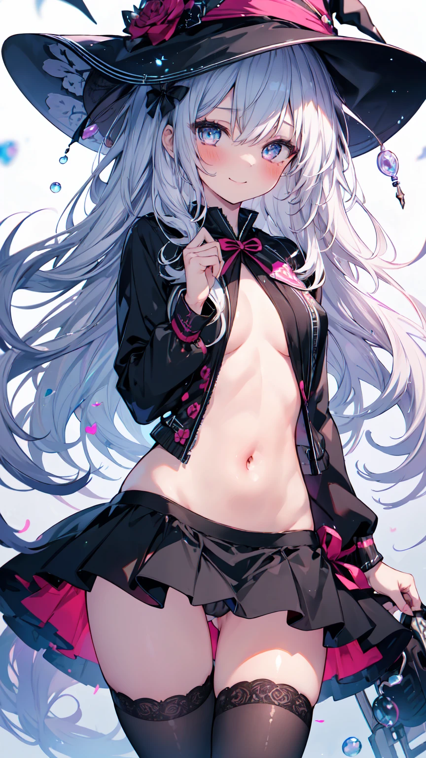 ((Highest quality, 8K, masterpiece: 1.3)), ((One girl:1.5)), The beauty of slim abs: 1.3, Casual Hairstyles, Super detailed face, Delicate eyes, double eyelid, smile, Highest quality, 4K, 8K, High resolution, masterpiece:1.2, Very detailed, Actual, Vibrant colors, Beautiful Eyes, 繊細なsmile, Blushed, Textured skin, masterpiece, High resolution, Highest quality, Blushed, Blushing ,lure,Show off your figure,Witch girl,The wind blows up my skirt,Adult Panties,Low rise,NSFW,