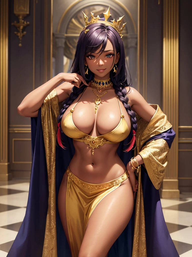 (masterpiece), (best quality), 1girl, solo, dark skinned female, 35-years old, multicolored hair, very large breasts, large hips, jewelry, cleavage,  personification, choker, crown, open silk bathrobe,  bare shoulders, smiling, hands on hips, indoors, ornate gold and marble throne room.,plunging neckline, breast curtains, Revealing clothes