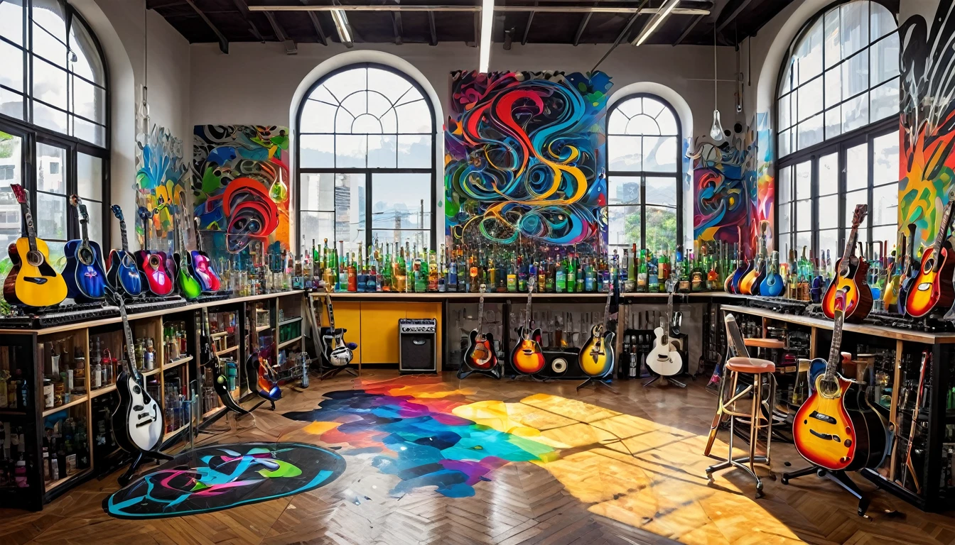 Masterpiece; Guitars and drums in a small science lab(((several science bottles around the room))); (guitars and musical keyboards inside science bottles) World map on the wall. sciencie complete with speakers and glass flasks of chemistry, embody the resilience and tenacity of the scientific community, infused with a bold graphic allure that enlivens the spirit of science. The design penetrates layers of depth, integrating the raw essence and vibrant cores of Rio de Janeiro (Estácio) culture. Brushstrokes that incorporate the fluid energy of graffiti on guitars and acoustic guitars weave around dynamic geometric shapes, adorning the laboratories with an evocative masterpiece that speaks to the heart of the intersection between two diverse worlds. Majestically rendered in high definition and vibrant color, every detail bursts with life, inviting viewers to marvel at the beauty that; by Monet