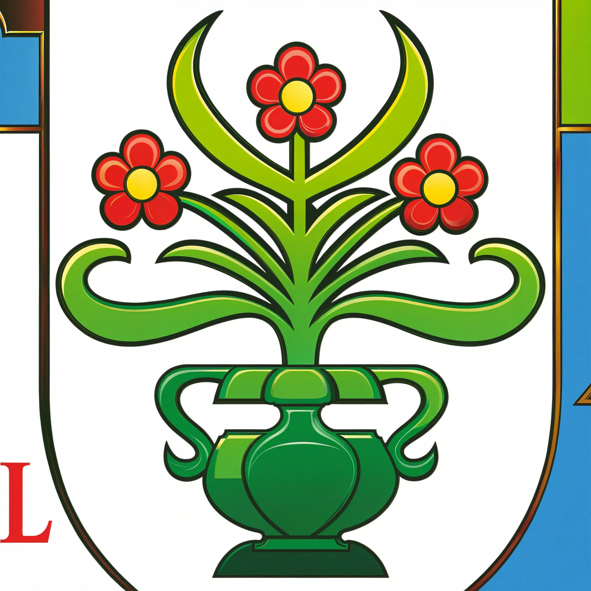 there is a green vase with red flowers on it on a white sign, hoog detail, family crest, closeup of arms, emblem, graphic detail, digital image, coat of arms, heraldry, herb, added detail, random detail, full color digital illustration, in detail, full color illustration, detailed digital illustration, banner, illustrated logo, powerful detail