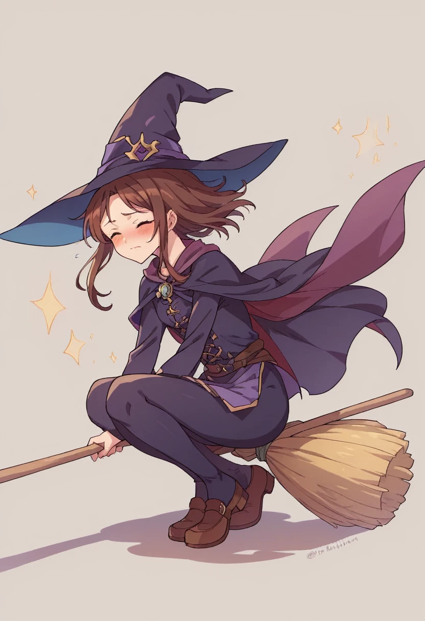 ((((空を飛ぶwitch))),((Ride a broom)),(Straddling a broom),Fantasy,Beautiful light and shadow,Anatomically correct,masterpiece,Highest quality,最高masterpiece,8K,Use of magic,witch:witchの帽子:witchの衣装:Familiar,Wind,Fantasy,wonderful,An illustration,Digital Art,wonderful,wonderful,カラーAn illustration,Rich colors,Blushing,Eyes closed,Mouth closed,Holding the end of the broom tightly with both hands,slightly squatting,Both feet are on the ground,Both feet are wearing shoes,（ One broom handle）