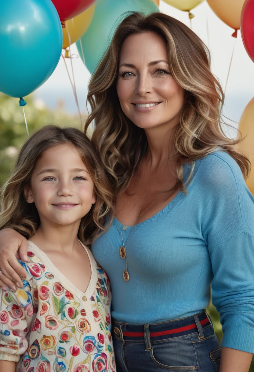 A real photograph of a half-smiling 45-year-old woman, half-saggy breasts, curvy body, and layered wavy brown hair falling in front, standing next to her smiling 11-year-old daughter. The 45-year-old woman is wearing a luxurious black and red Louis Vuitton sweater, sky blue mini shorts with tears, she looks beautiful, her daughter is wearing a Gucci sundress. They have almond-shaped eyes, a party background, full of sex and depravity with colored balloons. The two look at the photographer, hyperreal, better photography, photorealistic, lifting their shirt.