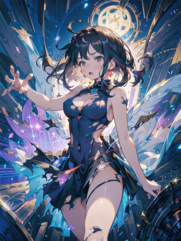 (Ultra HD、Very detailed、Highest quality、Ultra Wide Angle):1.5、Solid poster design、(Acrobatic pose、whole body、Detailed face、Top view、Excessive objects、Countless scattered objects and accessories、Space and cyber themed design、Asymmetrical clothing、Multiple colorful paint splatters forming a circle、Multiple colorful smoke puffs coming out、Grains of sand and jewels sparkle as they float by):2.0