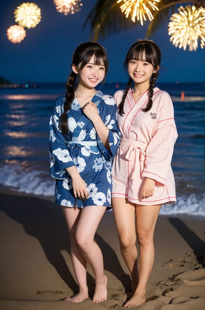 2 girls in beach near school at night,long-sleeved yukata,fireworks,18-year-old,bangs,a little smile,thighs,knees,short hair with low pigtails bunches,from below,front light