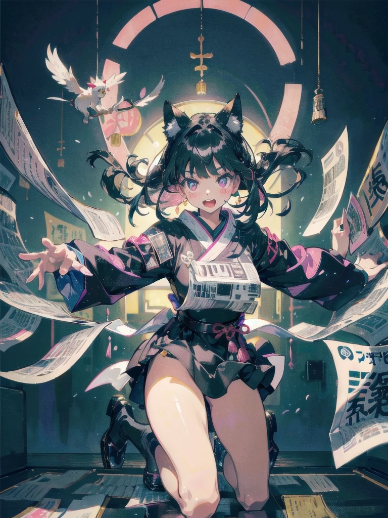 masterpiece、8K、32K、top-quality、(A cute Japanese woman:1.4)、detail portrayal、1 girl in、(elegent:1.1)、23years old、(catchlight、glowy skin:1.2)、(Cat's ears、Black hair bangs)、(Goth dress:1.3)、(Newspaper background、portlate:1.3)、Pink makeup、full body Esbian、ssmile、(low angles:1.3)、raise arms、Raise one leg
