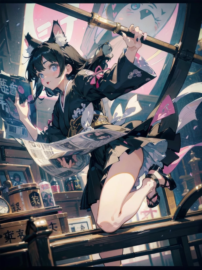 masterpiece、8K、32K、top-quality、(A cute Japanese woman:1.4)、detail portrayal、1 girl in、(elegent:1.1)、23years old、(catchlight、glowy skin:1.2)、(Cat's ears、Black hair bangs)、(Goth dress:1.3)、(Newspaper background、portlate:1.3)、Pink makeup、full body Esbian、ssmile、(low angles:1.3)、raise arms、Raise one leg