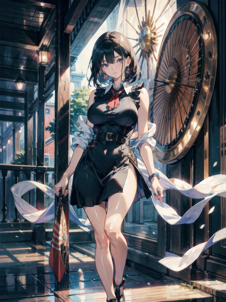 (very huge breasts, perfect anatomy:1.4), (short wavy hair, full body:1.1), (sleeveless collared shirt dress:1.4), whole body, RAW photo, extremely delicate and beautiful, masterpiece, Best Quality, ultra high resolution, 16k, hyperrealistic, ultra-detailed, Very detailed CG 8k wallpaper, Beautiful Lighting, Perfect Lightning, Realistic Shadows, super Detailed shiny skin, perfect figure, Japanese woman, late 20s, Slim body, Slim abdomen, very small head, handsome detailed woman, very detailed eyes and face, realistic face proportions, Stunning detailed eyes, Realistic beautiful face, very small face, Realistic small beautiful eyes, double eyelids, makeup, tearful mole, mole on chest, earring, bare legs, beautiful and very thin legs, beautiful and very thin thighs, narrow waist, (cleavage, Soft midriff, Fine Collarbone, off-shoulder:0.1),