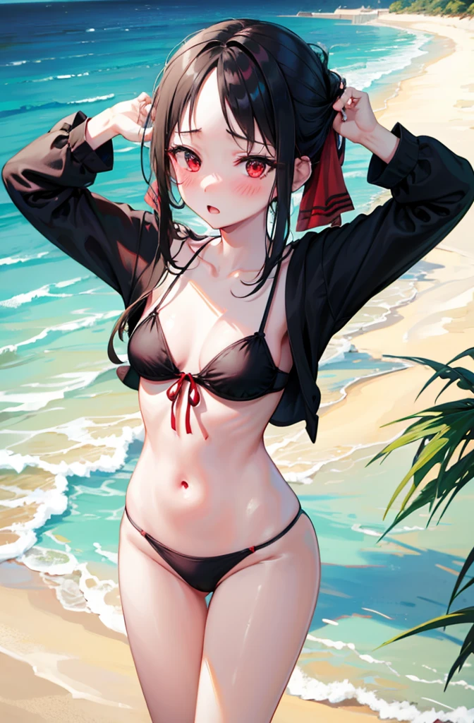 Random pose、Random pose、Bikini、Black Hair、Random pose、Red ribbon、Pale red eyes、Ocean、Sandy Beach、Blushing、Embarrassed expression、