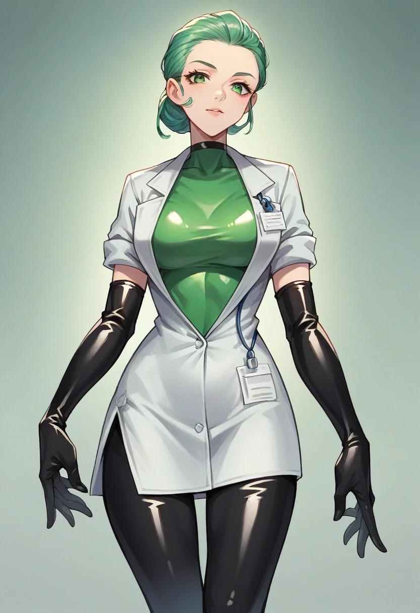 1girl, ((black elbow gloves)), ((surgical gloves)), ((latex gloves)), ((((long sleeves)))), ((green surgeon outfit)), looking at viewer, ((green doctor outfit)), standing, solo