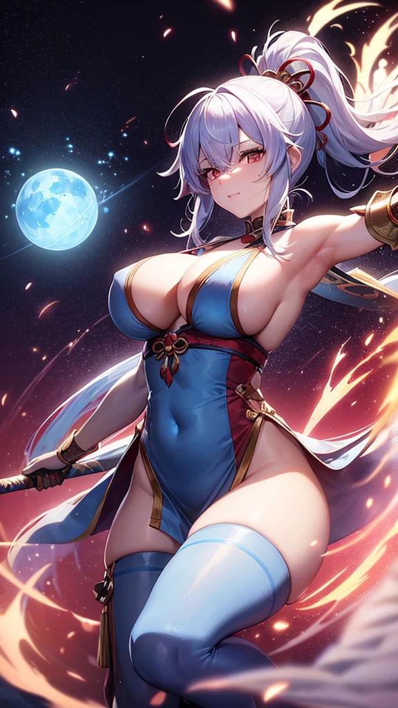 an adult anime-style girl named Tomoe Gozen (to know) showing a friendly smile ,presents an impressive and powerful appearance. It is 2 kilometers high, she holds a galaxy with her hand, showing her great multiversal power she is sitting on a planet measuring the cosmos, she has nothing on her head. She wears swimwear decorated with traditional Japanese light blue motifs on the left and red on the right with gold details that give it a distinctive touch.. His grayish albino hair is tied up in an elaborate hairstyle that complements his warrior appearance.. She has huge O cup breasts. His reddish eyes shine with determination and strength., showing his indomitable spirit in combat. He holds 2 swords, one sword is covered in red fire and the other sword is covered in blue fire and both swords are displayed in a fighting style.