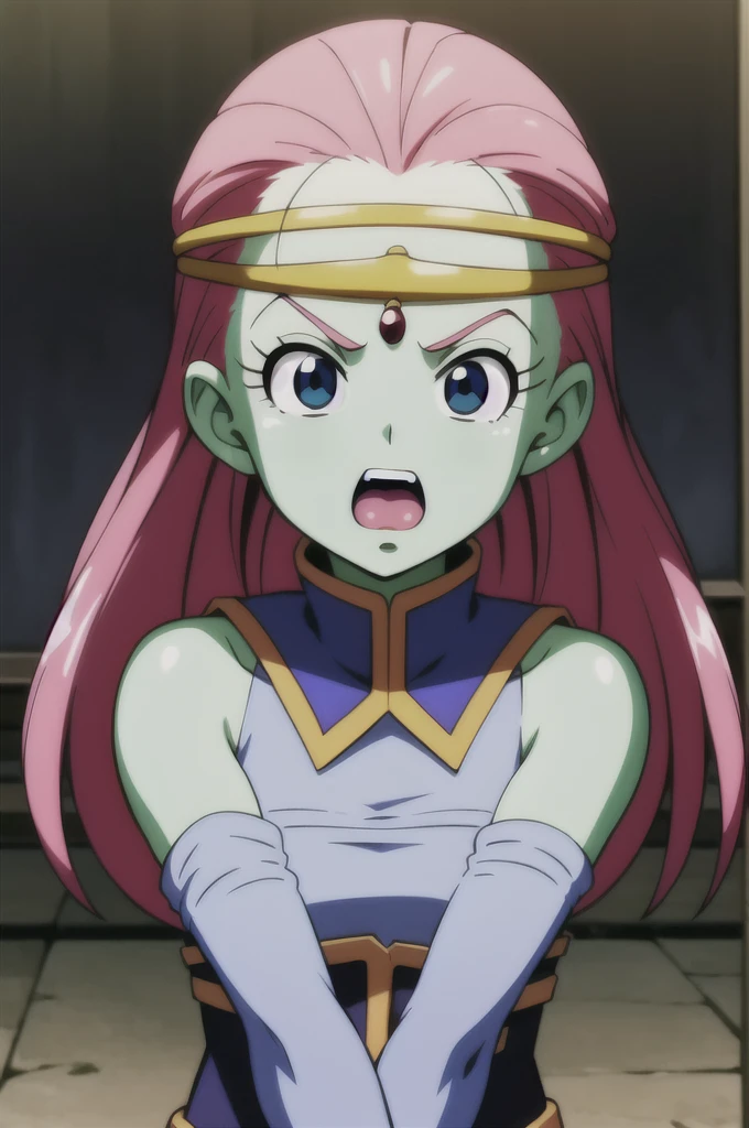 Kawei, One girl, alone, Long Hair, View your viewers, Open your mouth, blue eyes, Pink Hair, Skin of color, surprised, Circlet, Bare shoulders, Gold Cap, arms by side, Blue Collar, Detachable collar, eyelash, Green skin, close, low-tied Long Hair, Pointy Nose, V-shaped eyebrows, tongue, Blue leotard on the upper teeth, Removable sleeves, Blue Armwear,