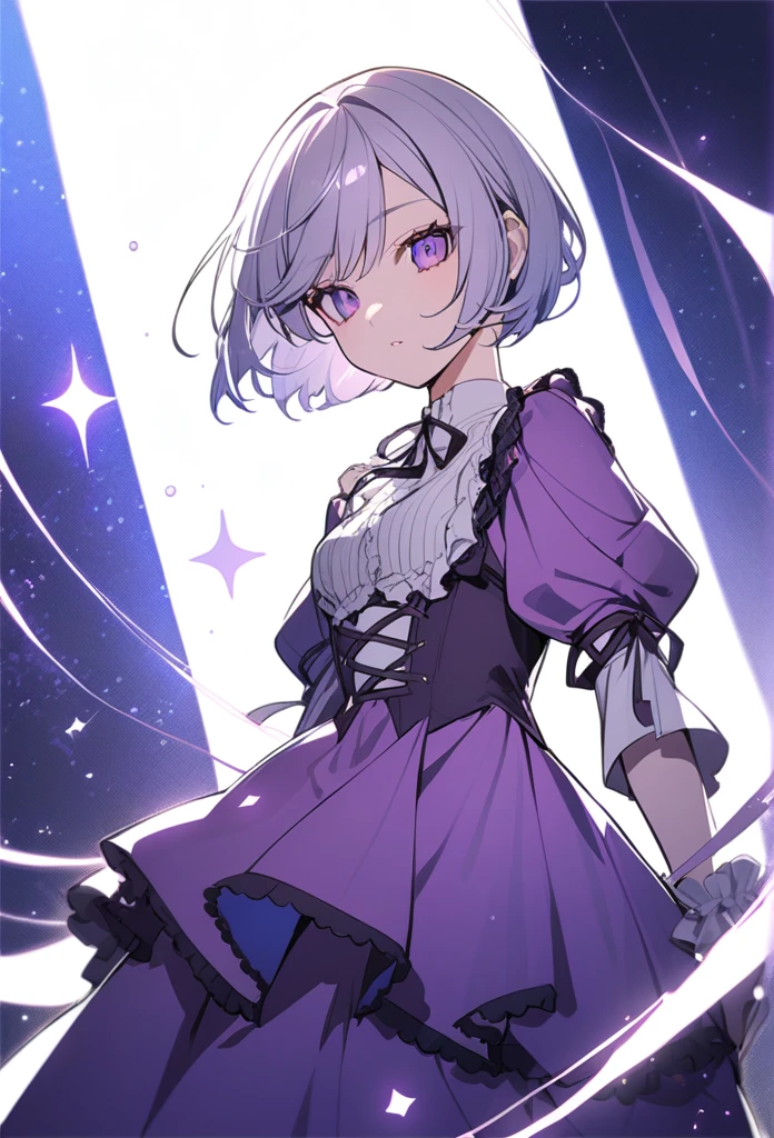 A girl with purple and white hair and short hair and a purple dress