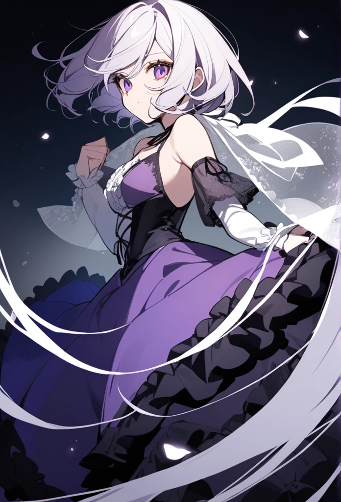 A girl with purple and white hair and short hair and a purple dress